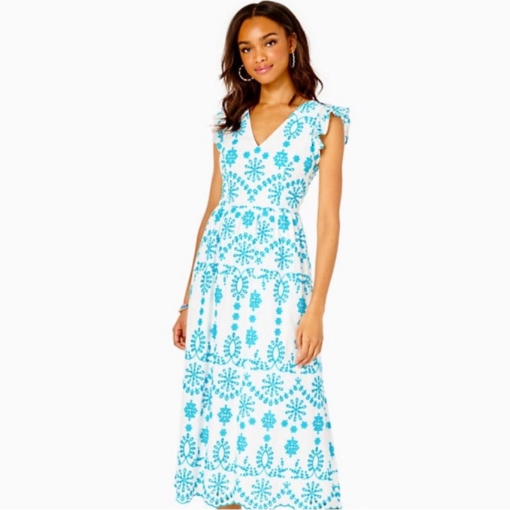 Lilly Pulitzer Lillyanne Flutter Sleeve White Eyelet Midi Dress Turquoise Oasis